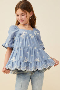 Girls Bow Embroidered Scallop Hem Peplum Top