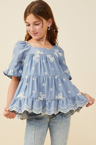 Girls Bow Embroidered Scallop Hem Peplum Top - Lulu Bella Boutique