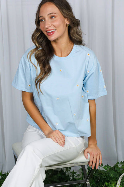 Floral Embroidered Crew Neck 100% Cotton Knit Top VT82319: Blue / S - Lulu Bella Boutique