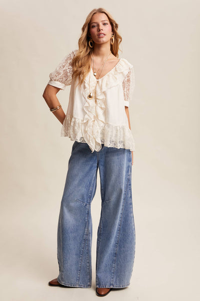 Lace Trim Ruffle Peplum Blouse LT1448: Cream / Contemporary / S - Lulu Bella Boutique