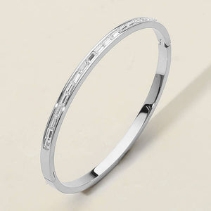 Baguette Stone Stainless Steel Hinged Bangle Bracelet: Silver - Lulu Bella Boutique