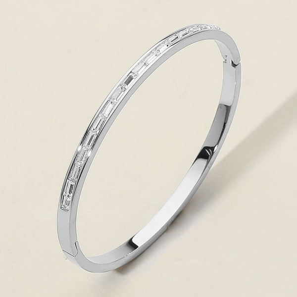 Baguette Stone Stainless Steel Hinged Bangle Bracelet: Silver - Lulu Bella Boutique