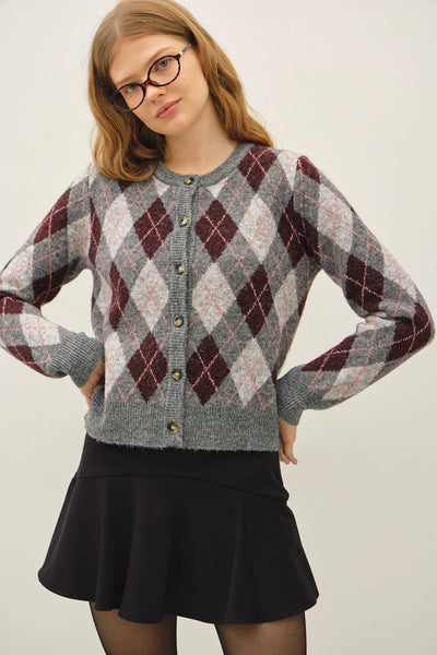 ARGYLE PATTERN SWEATER CARDIGAN : GREY