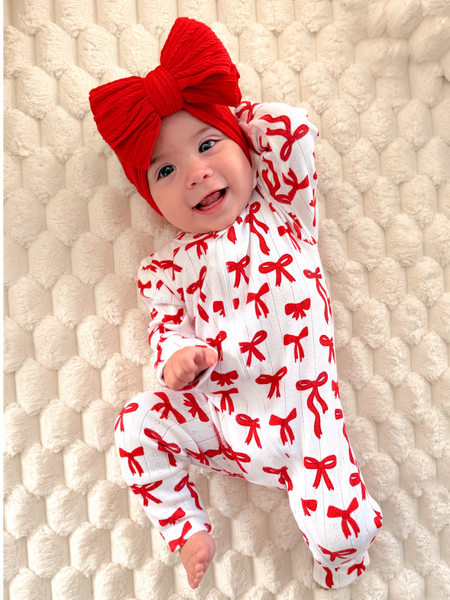 Red Bows / Organic Pointelle 2-Way Zip Romper: 3 - 6 mo.