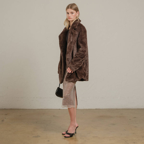 Chocolate Faux Fur Open Front Jacket: CHOCOLATE