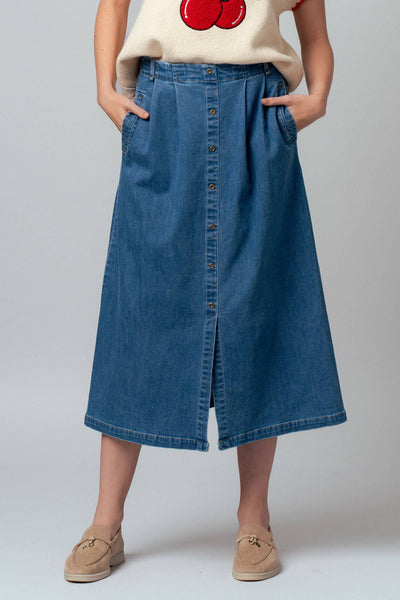 Button-Front Denim Midi Skirt: DENIM / S-2/M-2/L-2 - Lulu Bella Boutique