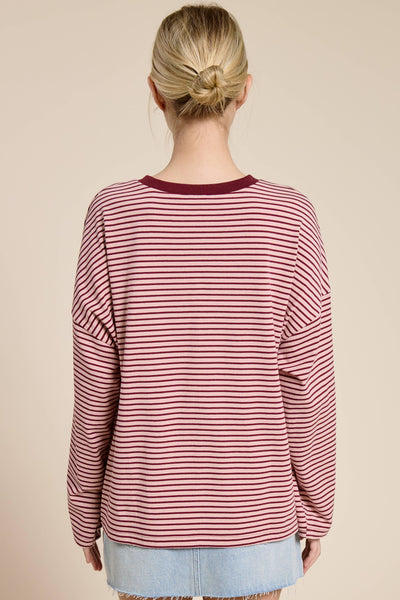 Striped Oversized Long Sleeve Top: Berry / S - Lulu Bella Boutique
