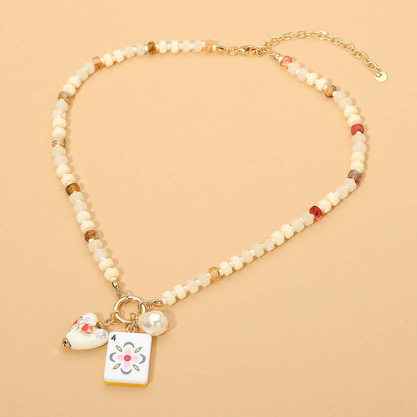 Mahjong Tile Charm Pearl Floral Bead Ball Charm Pendant Beaded Necklace: Gold,Ivory