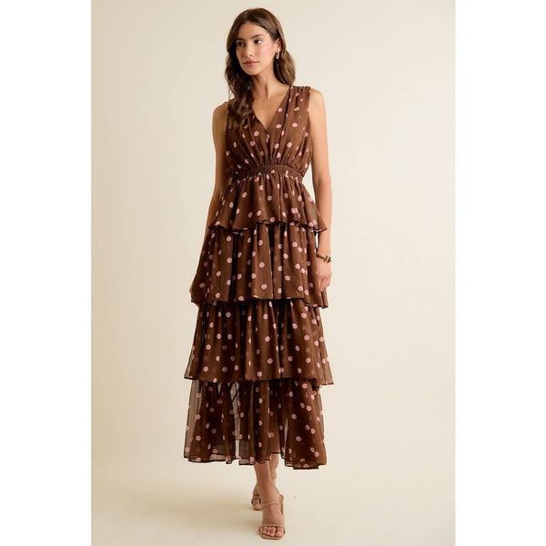 POLKA DOT CHIFFON TIERED MAXI LINED SLEEVELESS DRESS: BROWN/PINK