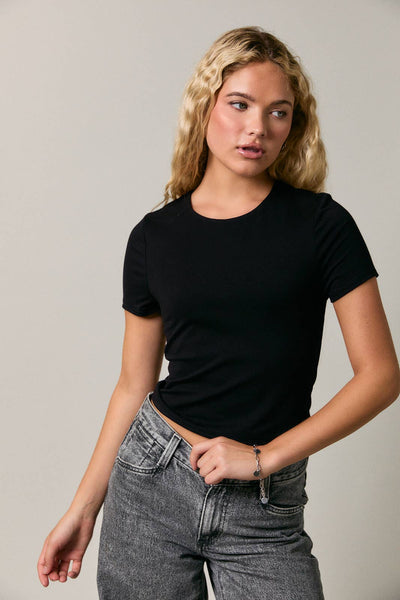 DOUBLE LINED SHORT SLEEVE BABY TEE: Black / XS - Lulu Bella Boutique