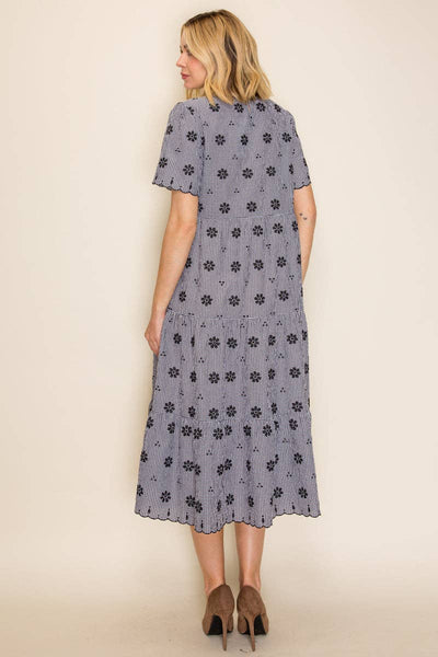 Gingham Embroidered Babydoll Midi Dress: Black/Ivory