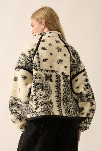 Floral Sherpa Fleece Half-Zip Pullover Jacket: Cream-Black / S - Lulu Bella Boutique