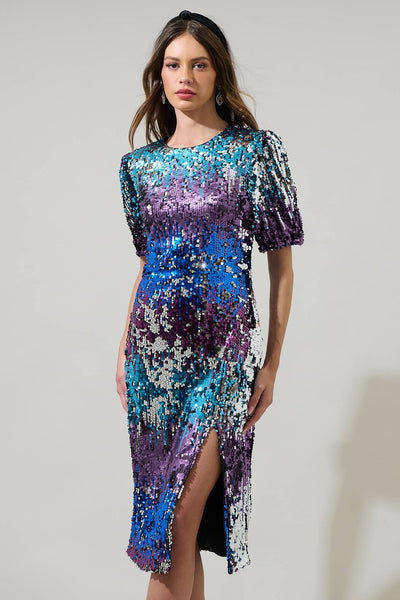 Navette Short Sleeve Sequin Midi Dress: Multi