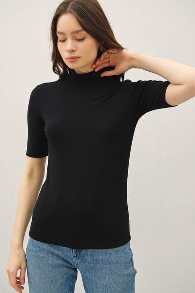 SHORT SLEEVE MOCKNECK KNIT TOP : Black