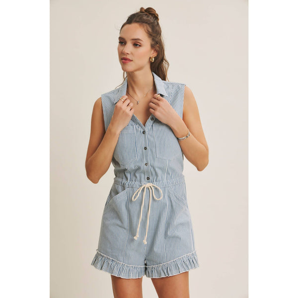 SUN-FILLED DAYS BREEZY COTTON STRIPE BUTTON-FRONT ROMPER: LT. BLUE / S - Lulu Bella Boutique