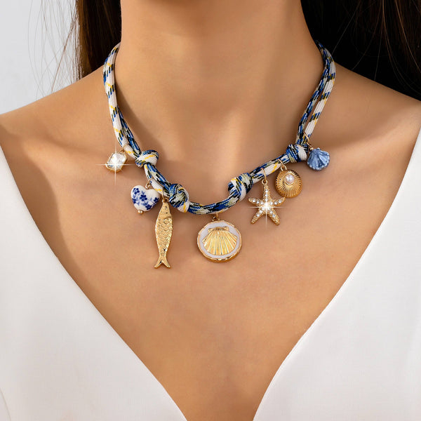 ROPE CHARM NECKLACE-STARFISH SEASHELL CLOISONNE | 80N92968: Gold - Lulu Bella Boutique