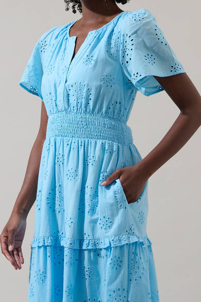 Vanesa Eyelet Palmer Poplin Tiered Maxi Dress: LightBlue - Lulu Bella Boutique