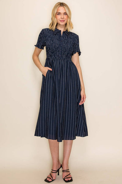 Smocked Bodice Button-Down Dress: Navy / S - Lulu Bella Boutique