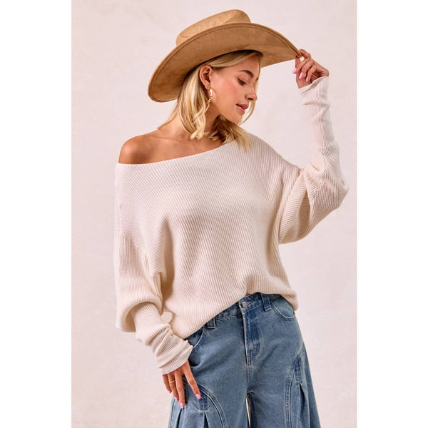WAFFLE KNIT OFF SHOULDER TOP: IVORY / S - Lulu Bella Boutique