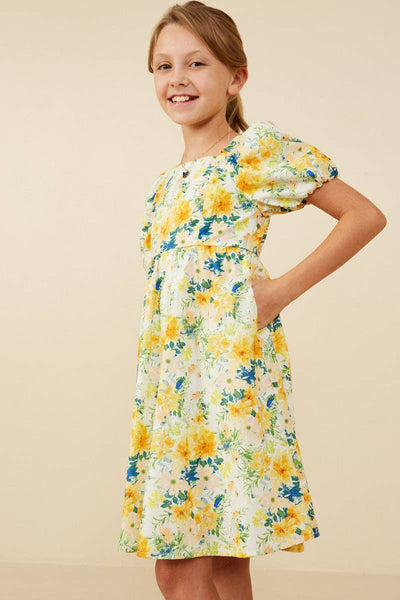Girls Garden Floral Print Puff Sleeve Dress: Yellow / S - Lulu Bella Boutique