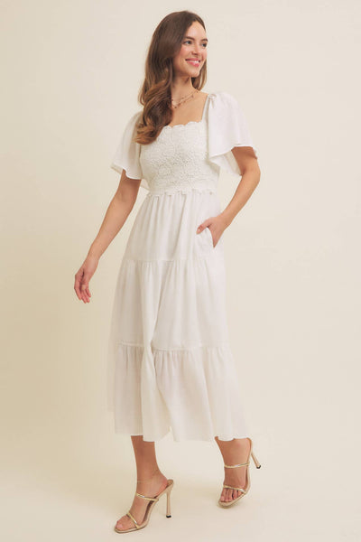 TIERED FLORAL CROCHET MIDI DRESS WITH FLUTTER SLVS: OFF WHITE / S - Lulu Bella Boutique
