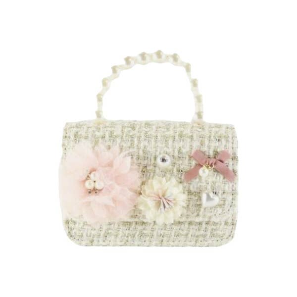 B1305 Floral Appliques Tweed Purse (3 Colors): Beige