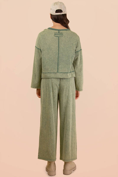 Mineral Washed Casual Knit Top & Pants Set: SAGE