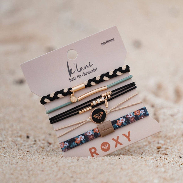 "Roxy Coastal Drift" Black & Neutral Beachy Vibe Hair Tie Bracelets: Small