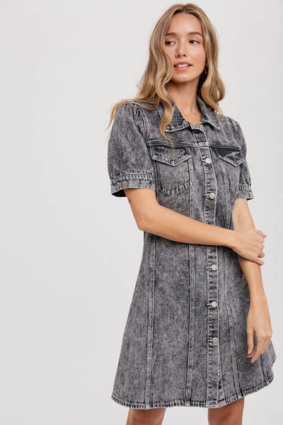 BUTTON UP DENIM DRESS: WASHED BLACK