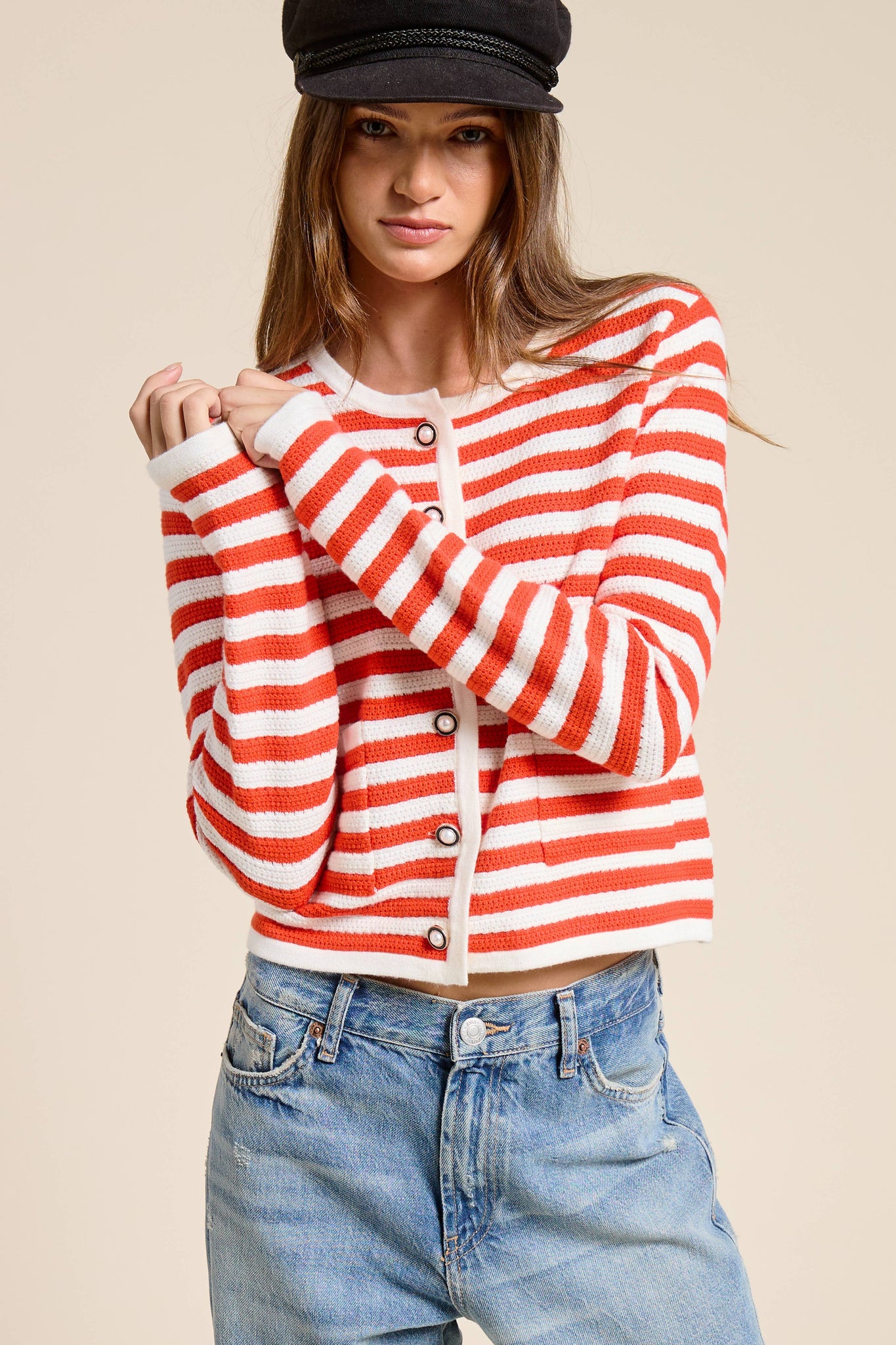 Pearl Embellishment Striped Cardigan Sweater: Fire