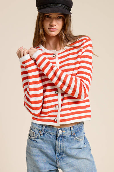 Pearl Embellishment Striped Cardigan Sweater: Fire