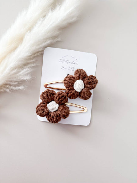Crochet Flowers Hair Clips & Headbands: Tan & Brown Flower / Pigtail Set - Lulu Bella Boutique