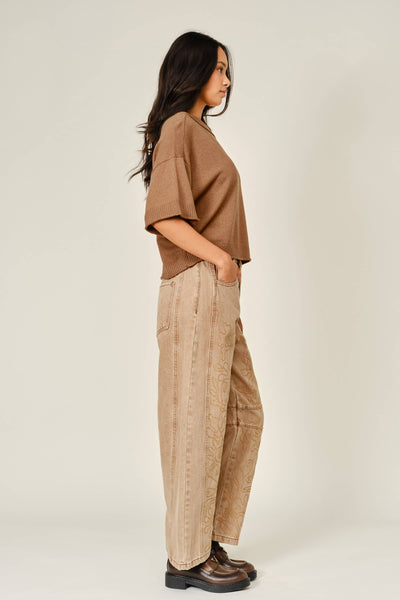 EMBROIDERED DETAIL COTTON BARREL PANTS: RUST