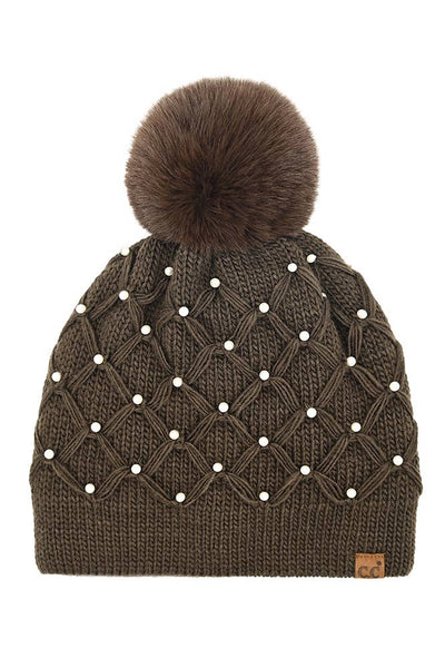 C.C Allover Pearl Crochet Pom Beanie: Rose