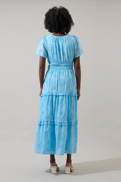 Vanesa Eyelet Palmer Poplin Tiered Maxi Dress: LightBlue - Lulu Bella Boutique