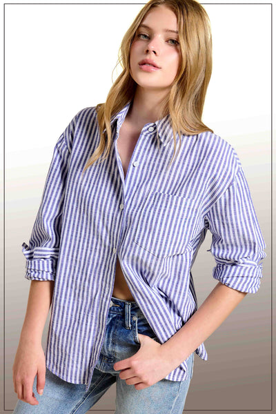 Collared Contrast Stripe Button Down Shirt: Denim