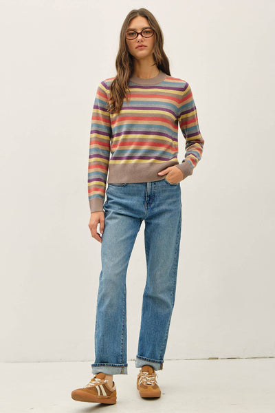 WOOL BLENDED MULTI COLOR STRIPE SWEATER : MOCHA
