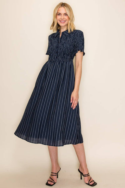 Smocked Bodice Button-Down Dress: Navy / S - Lulu Bella Boutique
