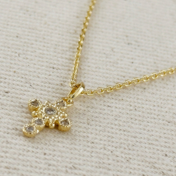 18k Gold Filled Bezel Cross CZ Necklace - Lulu Bella Boutique