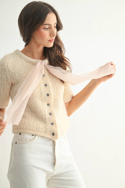 KNIT CARDIGAN WITH CHIFFON BOW - SAND