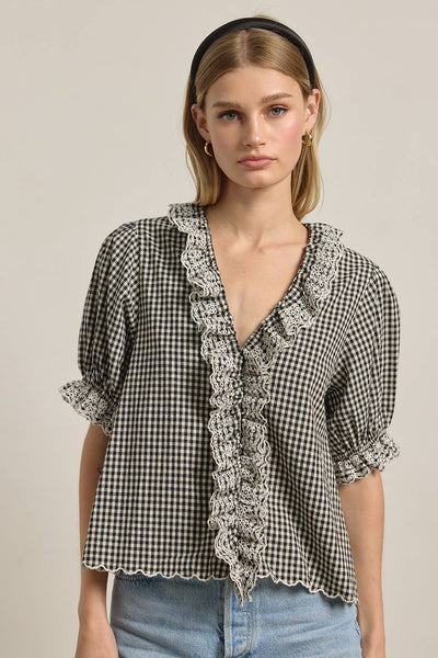 Gingham Lace Ruffle Blouse - RT1172: BLACK GINGHAM / S-M-L (3-2-1) - Lulu Bella Boutique