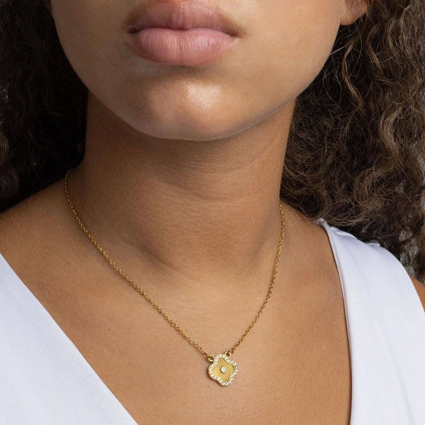18K Gold Stainless Steel Floral Motif Necklace with Stone: Gold - Lulu Bella Boutique