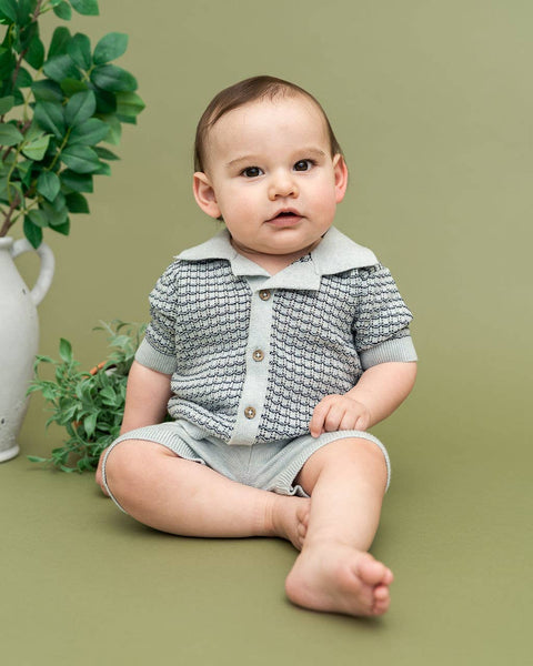 Miles Wave Textured Baby Shirt & Shorts Set (Organic Cotton): Blue Heather