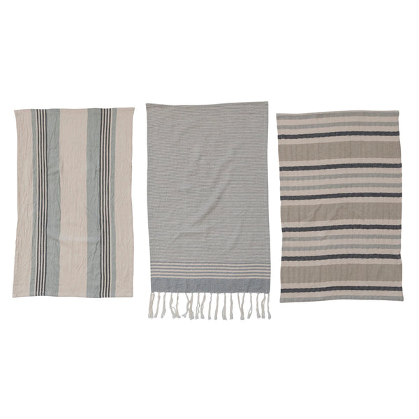 Woven Cotton Tea Towels w/ Stripes, Jute & Wood Bead Tie, 3 Styles, Set of 3