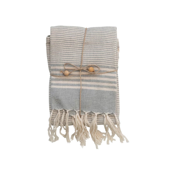 Woven Cotton Tea Towels w/ Stripes, Jute & Wood Bead Tie, 3 Styles, Set of 3