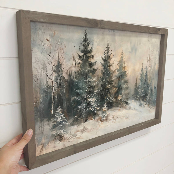 Quiet Snow Pines - Farmhouse Entryway Wall Art: 6x10" Mini Canvas Art with Wood Box Frame