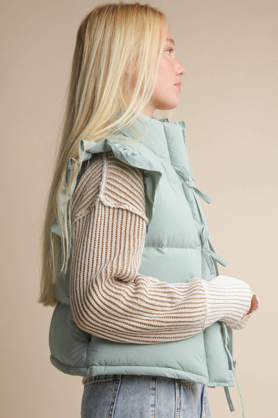 Front Bow Ruffle Sleeve Puffer Vest: SAGE