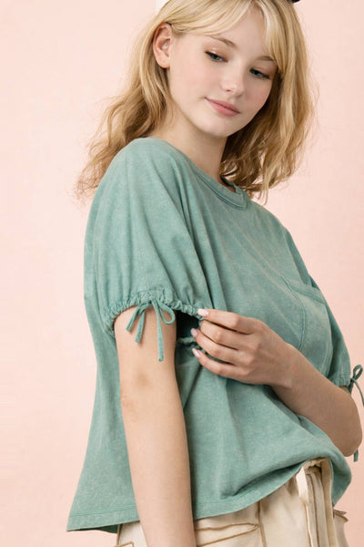 NT12567-Mineral Washed Sleeve Tie Detail Knit Top: SAGE / S-M-L/2-2-2 - Lulu Bella Boutique