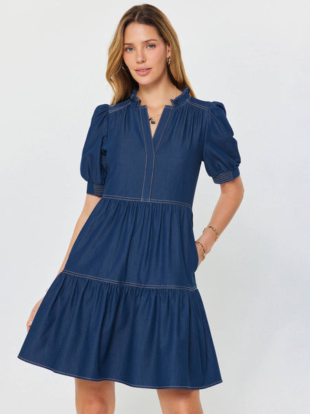 Denim Tiered Short Sleeve Mini Dress: Denim / XS - Lulu Bella Boutique