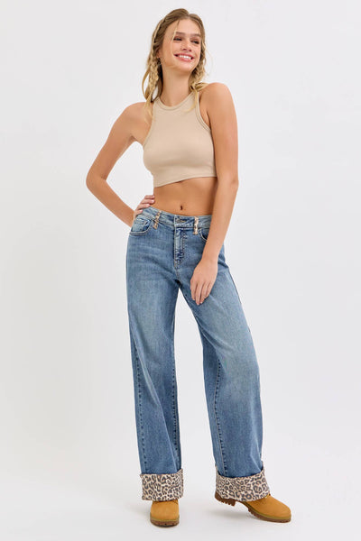 Mid Rise Wide Leg with Leopard Cuff